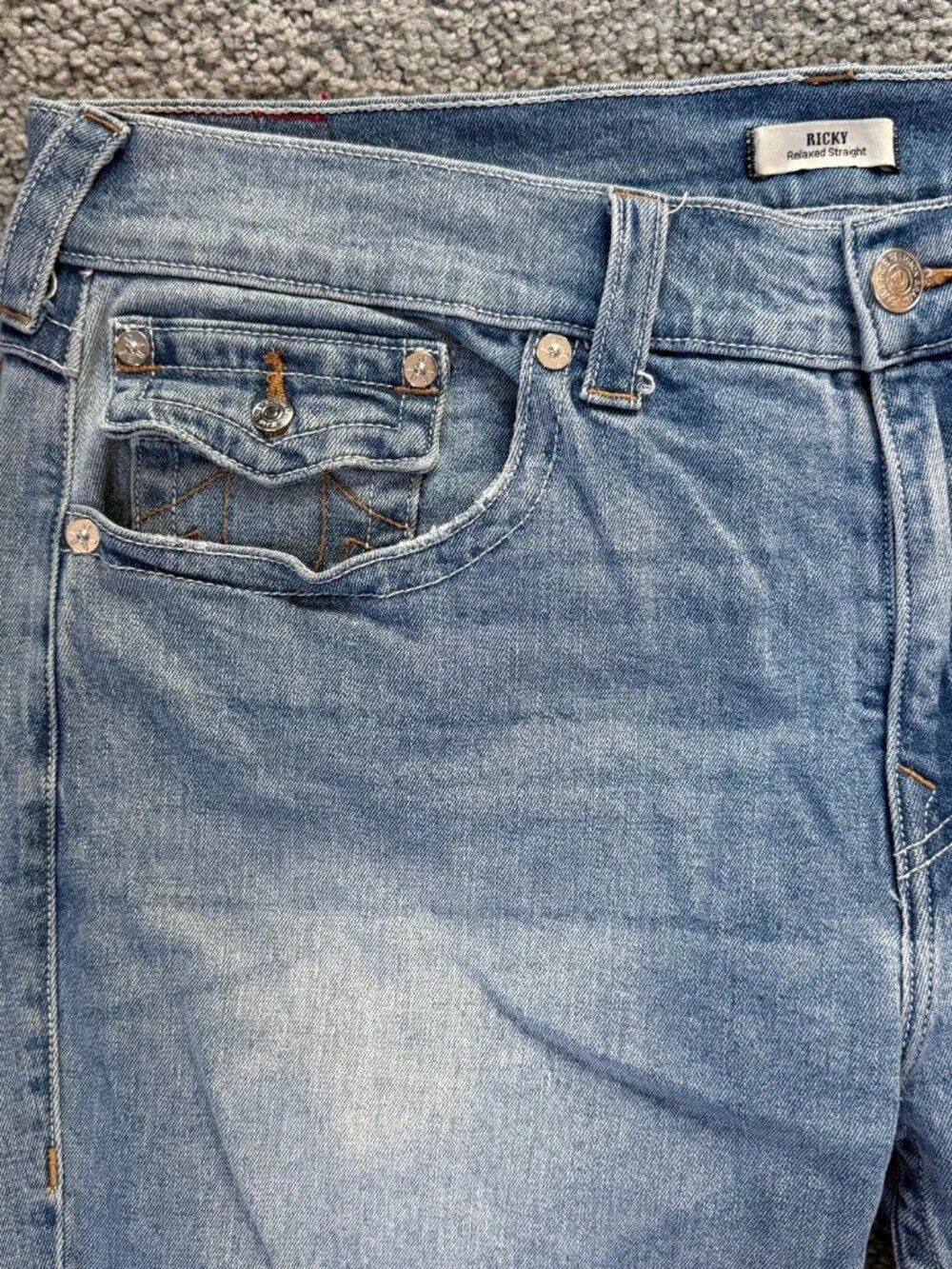 True Religion Ricky Relaxed Straight Flap Jeans Light Wash Stretch Men's 38x34